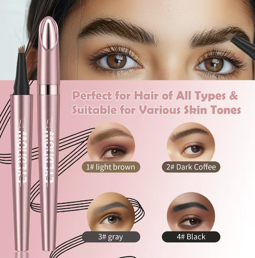 Quad-split liquid eyebrow pencil. With its four fine brush tips, it can draw four realistic eyebrow hairs in one stroke, creating distinct and wild eyebrows. It is quick-drying, waterproof, sweat-proof, and does not smudge or fade easily. It comes in various natural colors that can be matched with various hair colors. The pen is portable and easy to use. Beginners can easily fill in the gaps in their eyebrows and also shape the hairline. The makeup looks transparent and natural.