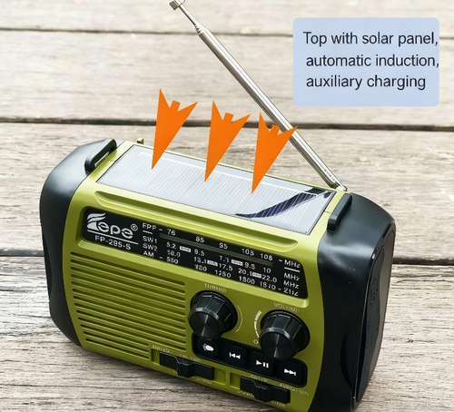 Emergency multi-functional radio, supports multi-band radio reception, equipped with hand-crank and solar power charging, 1800mAh battery can power the device. It also comes with SOS alarm, strong light flashlight, water-resistant and shock-resistant. It can be used as an audio device in daily life, and serves as a survival support station in emergencies. It is a must-have for both home and outdoor emergency situations.