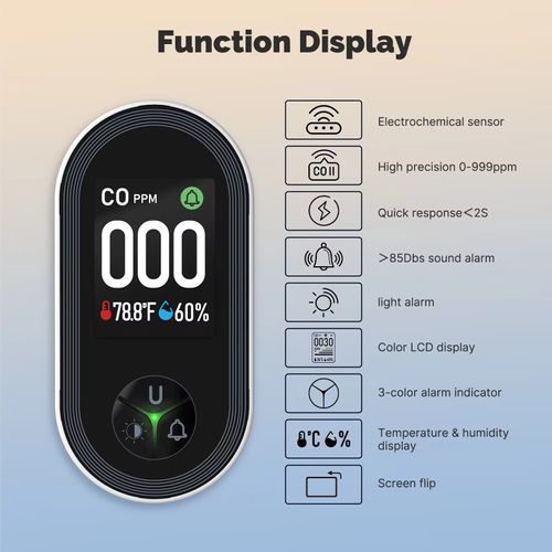 This carbon monoxide detector features a highly sensitive sensor for precise concentration monitoring. It has a 2-inch large screen with four-color grading display and four-level audible and visual alarms for timely warnings. It is suitable for various scenarios such as homes, vehicles, and campers. The operation is simple, and it helps you build a solid defense line for your life and health safety.