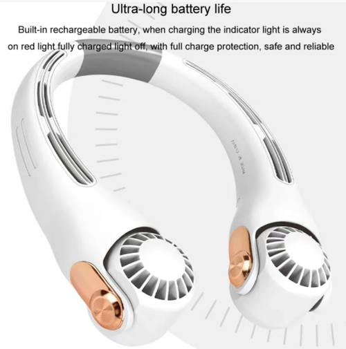 The mini neck fan features a bladeless neck-mounted design, freeing your hands. The fan nozzle can rotate at multiple angles without smudging makeup. It offers three speed settings suitable for commuting, office work, and outdoor activities. The quiet motor operates silently without disturbing you. With a 150g lightweight design, it is comfortable to wear for a long time. It comes with a long-lasting battery and Type-C fast charging, making it a practical choice for cool summer outings.