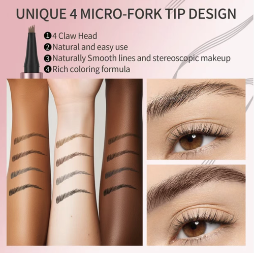 Quad-split liquid eyebrow pencil. With its four fine brush tips, it can draw four realistic eyebrow hairs in one stroke, creating distinct and wild eyebrows. It is quick-drying, waterproof, sweat-proof, and does not smudge or fade easily. It comes in various natural colors that can be matched with various hair colors. The pen is portable and easy to use. Beginners can easily fill in the gaps in their eyebrows and also shape the hairline. The makeup looks transparent and natural.