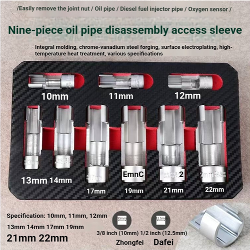 A 9-piece open-ended slot sleeve made of chromium-vanadium steel, featuring multiple size specifications, is suitable for disassembling and assembling oxygen sensors and diesel fuel injectors. The side slot design allows for avoiding the pipeline, and when used with a ratchet wrench, it is suitable for auto repair and maintenance. It is convenient for storage and is suitable for use in repair shops and vehicle maintenance.