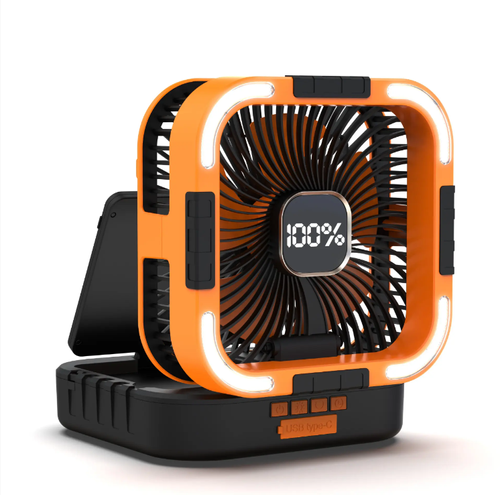 This foldable solar camping fan integrates 6 adjustable fan settings, an LED light, and a 10000mAh charging battery. It supports solar power + USB fast charging and is foldable and portable. It is a cool and convenient tool for outdoor scenarios such as camping and picnics.