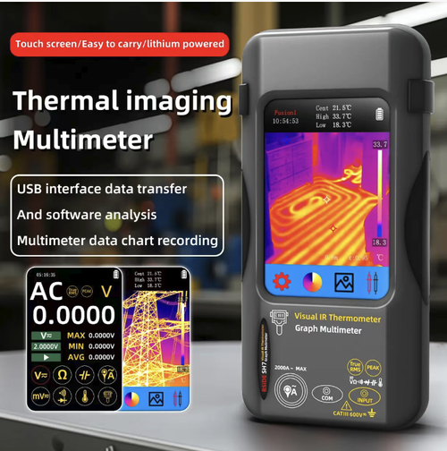 Touchscreen infrared thermal imaging multimeter, featuring both thermal imaging temperature measurement and electrical measurement functions. The high-definition color screen displays the temperature difference in the temperature zone in real time, with high measurement accuracy. It can detect circuit overheating and floor heating leakage faults, and has an insulated and safe body that is portable and durable. It is suitable for electricians, industrial inspections, and home decoration repairs.