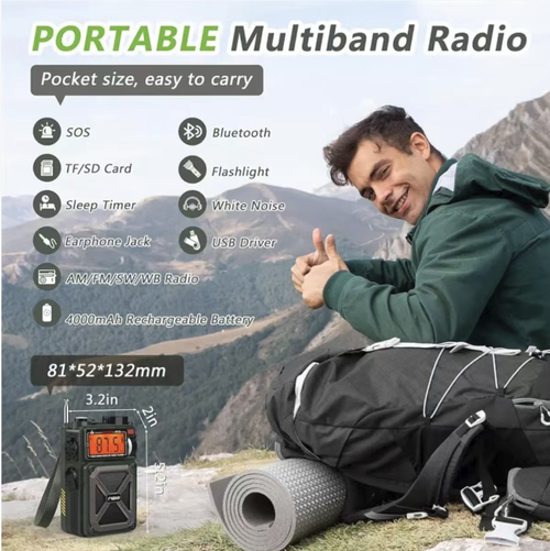 This disaster-prevention and emergency survival radio can receive emergency information across all frequency bands. It supports solar power, manual winding, and Type-C charging modes. With a 4000mAh large capacity, it can also function as a power bank. It comes with LED lighting, SOS distress signal, and compass functions. The military-grade triple protection body design makes it an all-in-one survival tool for family disaster prevention, outdoor exploration, and post-apocalyptic survival.
