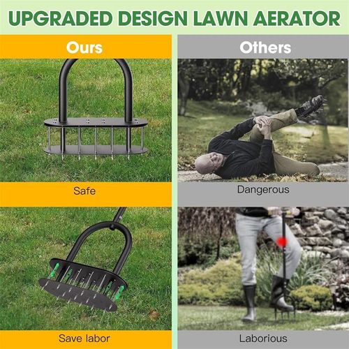 New cross-border standing garden lawn tiller integrates soil loosening, aeration, grass loosening and weeding. Standing design requires no bending, labor-saving and efficient, suitable for courtyards, orchards, vegetable gardens and lawns. Thick metal tines are sturdy and wear-resistant, improving soil compaction and permeability. Easy to install, safe to operate, rust-proof, lightweight and easy to store, comfortable handle, ideal gardening tool.