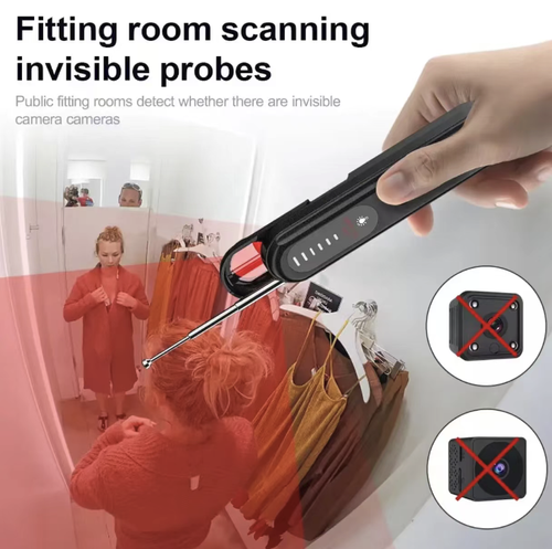 Portable detector, featuring dual modes of wireless signal detection and infrared scanning, can assist in identifying hidden cameras and wireless eavesdropping devices. The telescopic antenna is combined with a signal indicator light, and it comes with a built-in flashlight for illumination. It has multiple sensitivity settings that can be adjusted. Suitable for hotels, guesthouses, and other places as an auxiliary tool for privacy protection.