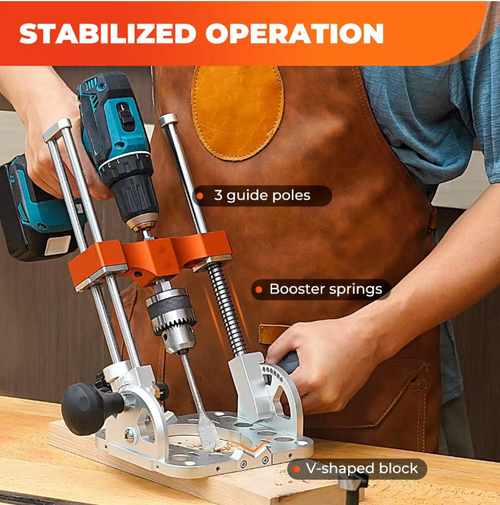 The portable drilling machine's guide bracket is equipped with ball-bearing guide rods for smooth up and down movement. It is compatible with a half inch chuck and can accommodate various drill bits. The all-metal base enables precise control of the drilling depth and supports vertical and inclined drilling. The split structure is lightweight and easy to store. It provides accurate positioning for woodworking and home decoration drilling, and even beginners can drill standard holes.
