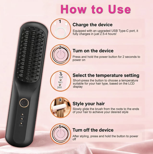Wireless charging portable straightening comb, with three adjustable temperature settings, gentle and protective for hair without causing damage. It can straighten hair, raise the crown, style bangs and curly hair. Type-C fast charging provides long battery life. The compact design makes it convenient to carry around for styling during commutes or travels. Easily create a delicate and smooth atmosphere of hair.