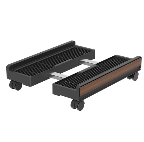 25-32cm adjustable to fit various-sized computer cases. The perforated grille design accelerates heat dissipation. The 360° swivel wheels are equipped with a push-button brake, ensuring stable movement without scratching the floor. The black background with wood grain appearance is simple and elegant, suitable for both gaming and home scenarios. It is a practical choice for hosting and storage of computer equipment.