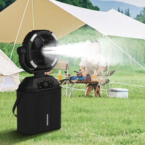 Multi-functional outdoor spray camping fan, with a 20000mAh large-capacity battery for USB charging, four-hole vaporization cooling, adjustable speed with no limit, automatic wide-angle swivel, and an LED camping light on the outer ring. Portable and lightweight, with long battery life. Suitable for camping, fishing, setting up stalls, and combines functions of blowing wind, humidifying and lighting.