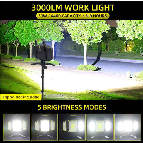 This three-page work lamp is an assistant for dark environments. It has a brightness of 3000LM with 5 levels of brightness adjustment. It is powered by 4400 batteries and can last for 3 to 9 hours. The lamp pages can be folded and rotated. The strong magnetic attachment frees your hands. It also serves as an emergency charging device. It is portable and suitable for scenarios such as vehicle repair and camping.