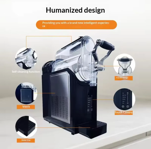 The household fully automatic snow melting machine can be operated with just one click to create smooth snow-melt ice cream and ice slush. It features automatic cleaning with no need for manual maintenance. The small size doesn't take up much space. This machine can be used for multiple purposes, such as making ice pulp juice and milkshakes. It is an all-in-one cold drink wonder for cooling off in summer and for family gatherings, allowing you to enjoy cold drinks with ease.