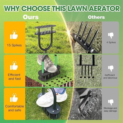 New cross-border standing garden lawn tiller integrates soil loosening, aeration, grass loosening and weeding. Standing design requires no bending, labor-saving and efficient, suitable for courtyards, orchards, vegetable gardens and lawns. Thick metal tines are sturdy and wear-resistant, improving soil compaction and permeability. Easy to install, safe to operate, rust-proof, lightweight and easy to store, comfortable handle, ideal gardening tool.