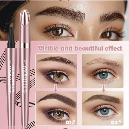 Quad-split liquid eyebrow pencil. With its four fine brush tips, it can draw four realistic eyebrow hairs in one stroke, creating distinct and wild eyebrows. It is quick-drying, waterproof, sweat-proof, and does not smudge or fade easily. It comes in various natural colors that can be matched with various hair colors. The pen is portable and easy to use. Beginners can easily fill in the gaps in their eyebrows and also shape the hairline. The makeup looks transparent and natural.