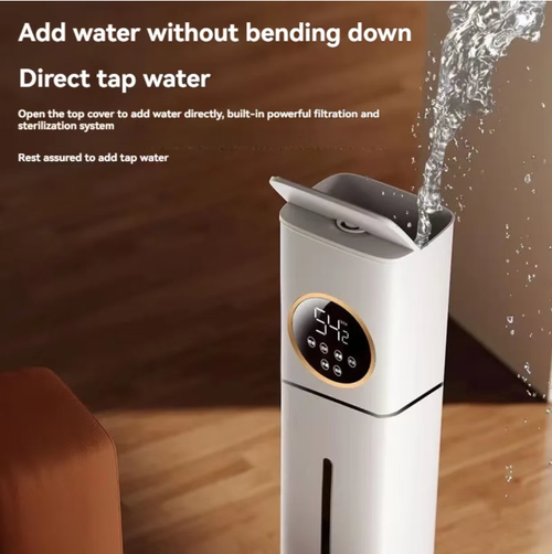 This 8L vertical humidifier is equipped with UV sterilization and medical stone filtration. It can directly use tap water and has a sterilization rate of 99.90%. With a 250ml water output per hour, it can cover approximately 120 square meters. It operates at a quiet 32dB and supports intelligent humidity control, timing, and remote control. The top design allows for effortless water filling without bending over, making it an ideal choice for whole-house health humidification.