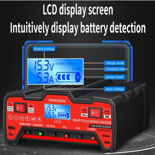 Universal Type Car battery charger, intelligent pulse repair , 12V,24V automatic recognition. Compatible with gasoline,diesel vehicles, motorcycles, agricultural machinery, etc. Multiple protection measures for greater safety. It is an all-in-one and worry-free tool for battery charging and repair.