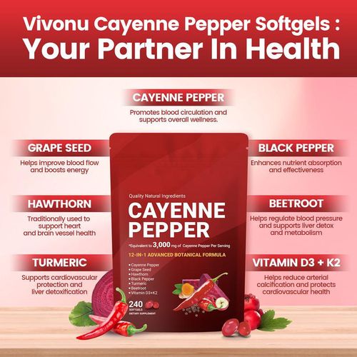 The Cayenne Pepper Chewing Candy contains capsaicin and plant extracts, which can gently boost metabolism and aid digestion. It is suitable for people who sit for long periods and have slow digestion. Order today and you will receive 2 bags, totaling 480 capsules for maintaining cardiovascular health. It is natural and mild, helping to relieve bloating and relax the body. It is a low-cost supplement for maintaining good health.