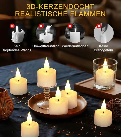 Non-flaming electronic candle lamp, magnetically attached for charging, with a battery life of 50 hours (5 times that of the regular model), and infrared remote control for adjusting brightness. The flame-like warm light is soft and realistic, suitable for various scenarios, and safe with no risks. The package includes a charging base and wires. It can be charged simultaneously with multiple wicks, making it easy to store and allowing for a simple creation of a cozy atmosphere.