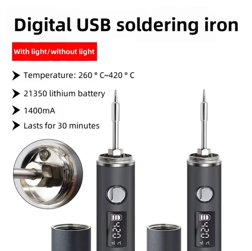 This wireless digital soldering iron Type-C can be charged via USB. It has a 1400mAh battery that lasts for 30 minutes. The digital display offers five temperature settings ranging from 260 to 420 degrees Celsius. It also features an LED light to assist in dark corner soldering. It has an automatic sleep function, making it convenient for home repairs and DIY soldering. It eliminates the hassle of tangled wires.