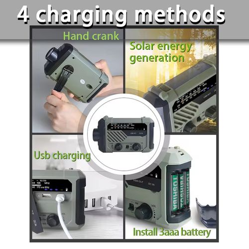Multifunctional emergency disaster survival radio - hand-crank power generation - solar energy - USB 3AAA battery - 4 charging modes - strong light flashlight - adjustable reading lamp - SOS alarm call  AM FM WB multi-band radio - outdoor camping - home power outage - earthquake disaster emergency must-have - portable and durable, capable of emergency charging for mobile phones, a portable safety guarantee device for emergencies.
