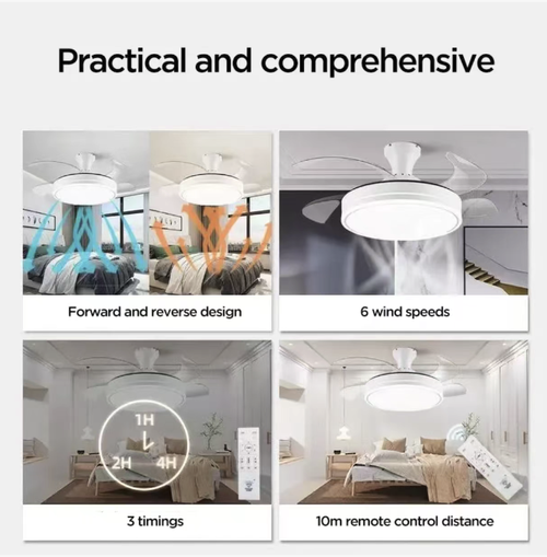 This 2026 new model inverter fan lamp integrates the lamp and fan into one design. It supports 6-speed forward and reverse rotation and three-color lighting. With an ultra-quiet operation of 30dB, it is equipped with remote control  APP intelligent control and timer functions. The simple and invisible fan blades are suitable for various styles and are an ideal choice for comfort in living rooms, dining rooms and bedrooms throughout the four seasons.