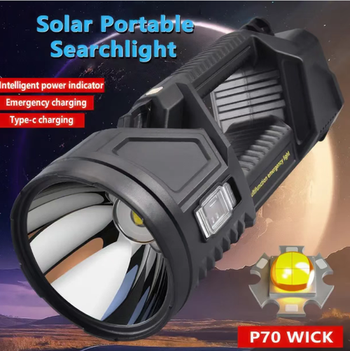 Solar-powered outdoor portable high-intensity spotlight. It provides strong light illumination. Equipped with a solar panel and a Type-C interface, it also has an emergency charging function. Resistant to drops and anti-slip. The battery level is clearly visible. It is the bright guardian for outdoor exploration and emergency rescue.