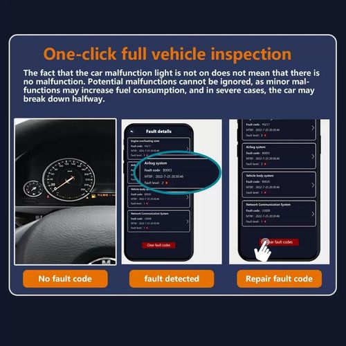 This BFN vehicle fault detector is connected to the OBD interface and the mobile APP. It can conduct a deep scan of all 45 components of the vehicle with just one click, read and analyze the fault codes, and also can reset the fault indicator lights. It is plug-and-play compatible with multiple vehicle models and serves as a on-board diagnostic expert for car owners to monitor the vehicle's health and solve faults independently.