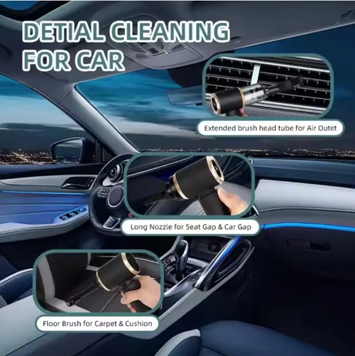 Wireless handheld and vehicle-mounted vacuum cleaner, integrating functions of vacuuming, blowing air and inflating. It has strong suction power for both dry and wet cleaning, and multiple brush heads are compatible with various cleaning scenarios. Wireless and portable with Type-C fast charging, low noise operation, capable of easily handling dust and stains inside cars and at home. It is an all-round cleaning powerhouse for both vehicles and homes.