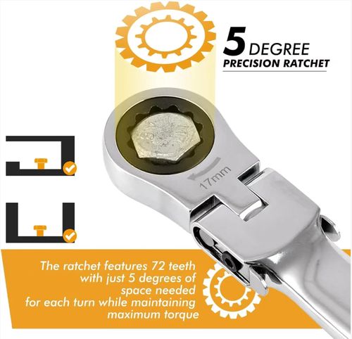This 13-piece set of replaceable head ratchet and hex wrenches comes with 1 handle and 13 heads. It features a 72-tooth ratchet and a 5° narrow swing angle, allowing you to reach even the hard-to-reach spots. The heads can be easily replaced with just a quick unscrewing and screwing. Made of chrome-vanadium steel for rust resistance and durability, it comes with a compact storage box for easy portability. The efficiency is increased by three times!