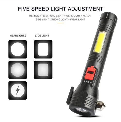 High-hardness tungsten steel window breaker, shatters car windows with a single strike. Hidden seat belt cutting knife, quickly frees you from danger. Five-level light adjustment: main light emits strong far-reaching light and flashes for emergency calls, side lights provide diffuse illumination. The rear part is equipped with a compass, USB fast charging. Compact and portable, it is not only a lighting tool but also a life-saving device for travel.
