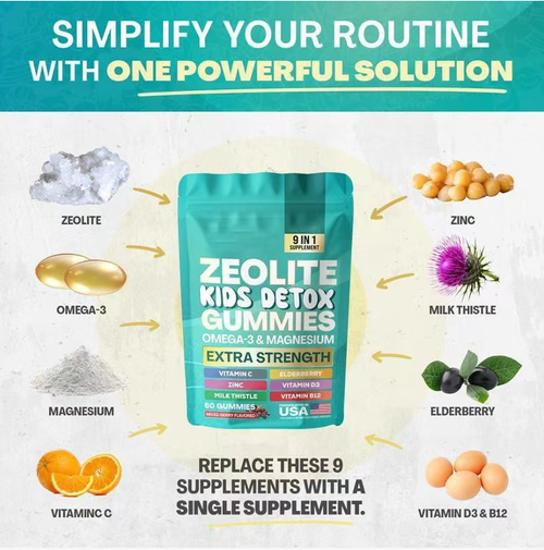 Order today and you will receive 3 bags of children's vitamin detoxifying and purifying zeolite gummies. These zeolite children's detox candies adopt a nine-in-one formula. They can gently detoxify while also providing various nutrients such as Omega-3 and multiple vitamins. They are sweet and have an acidic taste, and children love to eat them. They are a convenient and reliable choice for children's growth nutrition.