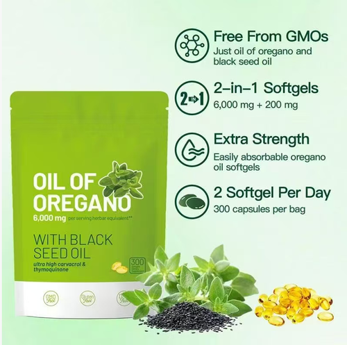 The oregano oil capsules for treating herpes, a blend of oregano oil and black seed oil, is gluten-free and soy-free. It is easy to swallow and has no unpleasant taste. Take 2 capsules per day. Today's order arrived with 2 bags totaling 600 capsules, enough to stock up for the entire year. It is a natural and gentle care product, suitable for daily use  business trips, and is friendly to sensitive and weak skin.