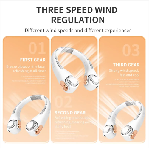 The mini neck fan features a bladeless neck-mounted design, freeing your hands. The fan nozzle can rotate at multiple angles without smudging makeup. It offers three speed settings suitable for commuting, office work, and outdoor activities. The quiet motor operates silently without disturbing you. With a 150g lightweight design, it is comfortable to wear for a long time. It comes with a long-lasting battery and Type-C fast charging, making it a practical choice for cool summer outings.