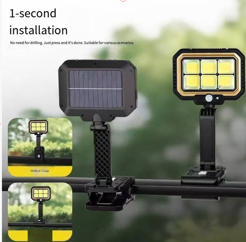 This clip-type solar wall lamp is equipped with human body sensing. It will automatically turn on when sensing the presence of a person in the dark. The lamp head can rotate at multiple angles and can be either clipped or fixedly installed. The shell has outdoor protection. It offers multiple lighting settings, which can be used for night lighting in the garden or as a study light on the desktop. It uses solar power for charging and the wiring is simple.