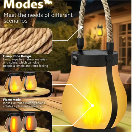 Dynamic simulation of flame light effects, with a warm orange soft light atmosphere fully created. Solar charging can provide a full battery life of 8-12 hours, and it can also be charged via Type-C. IPX4 waterproof and weather-resistant. The rope handle can be used for hanging or placing, suitable for camping, courtyards, and balconies. It serves as both an atmosphere decoration and emergency lighting.