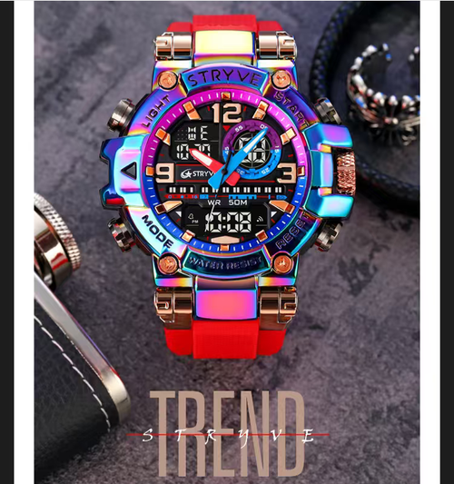 Fashionistas, hurry up! This watch features a shimmering case that reflects a gradient of colors. Paired with a bright red strap, it instantly becomes the center of attention. Dual displays and night-time luminosity ensure clear time reading. It is 30 meters waterproof. It is lightweight, breathable and not stuffy on the wrist. The black box packaging has an excellent quality. Students and fashionistas, just go ahead and buy it without hesitation!