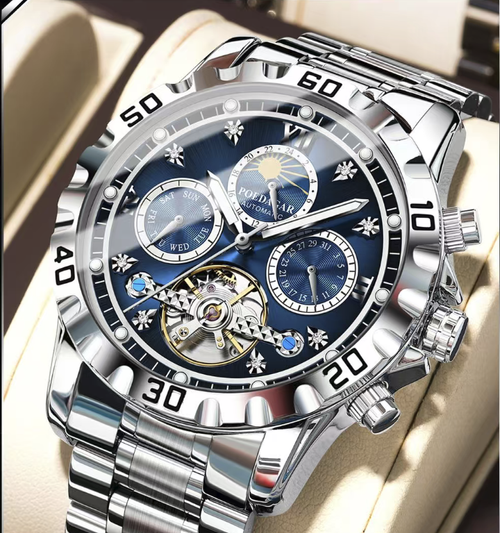 The new model of Swiss brand automatic mechanical men's watch features a hollow rotor that showcases the mechanical aesthetics. It comes with multi-function chronograph and moon phase calendar. The watch is made of stainless steel, which is durable and water-resistant. The blue dial and silver strap are versatile and suitable for various occasions. It has precise timekeeping and is an excellent high-end men's wristwatch for both business and leisure, as well as for personal gifts.