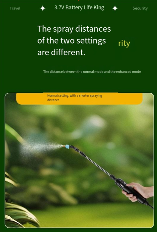 6L Lithium Battery High-Pressure Spray Sprayer. Large-capacity water tank reduces refilling. 3.7V Lithium Battery-driven automatic spraying. With sufficient pressure and uniform spray flow. The long pole can be freely adjusted in length. It is easy to operate at both high and low levels. It is an efficient and effortless helper for gardening watering, fruit tree spraying, and environmental disinfection.