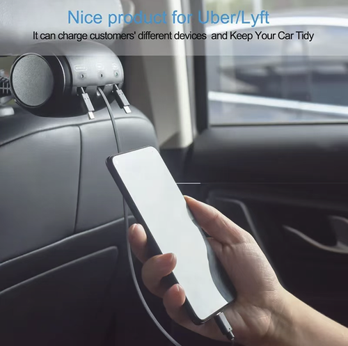 Vehicle-mounted three-in-one extension charging cable box, equipped with three types of universal charging connectors, the cable can automatically retract and store. The clip has anti-slip function and securely fixes the headrest, without damaging the interior of the vehicle. It can meet the fast charging needs of multiple devices for one vehicle, eliminating the mess of wires and being applicable to both private cars and ride-hailing vehicles.