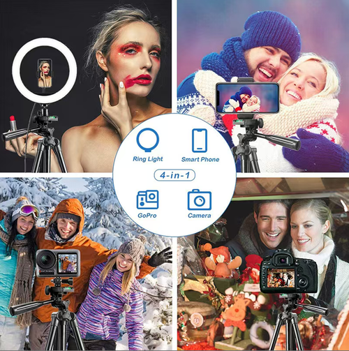 This black multi-functional tripod is compatible with mobile phones, cameras and GoPro. It supports 360° multi-angle adjustment and can be remotely controlled with a Bluetooth remote. Made of thickened aluminum alloy, it is sturdy and durable. When folded, it is portable and easy to store. It can also be equipped with an external lighting device. It is an all-round stable assistant for photography, live streaming and self-taking.