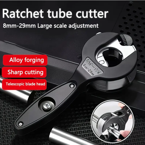 Ratchet pipe cutter: Alloy forged, equipped with reinforced alloy steel blade, adjustable range from 8mm to 29mm, telescopic blade head + ratchet operation, capable of easily cutting various pipes such as copper, brass, and aluminum, it is an efficient and precise tool for pipe operations.