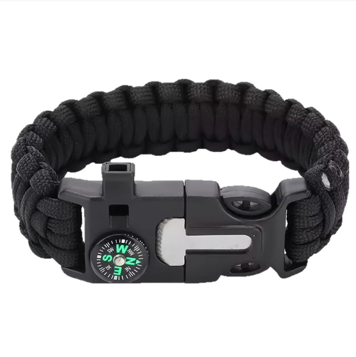 It integrates a compass, a fire starter, a survival whistle, a 7-strand rope, and a cutter. It is lightweight and portable, resembling a piece of jewelry. The fire starter is suitable for both dry and wet conditions, and the compass is shock-resistant and highly accurate. It is suitable for navigation during camping, calling for help while hiking, and emergency binding. It can serve as both a daily decoration and a life-saving tool.