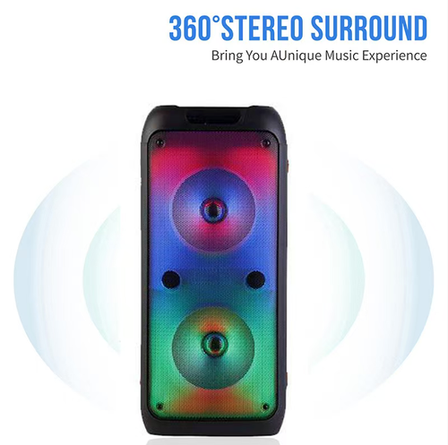 This dual 8.5-inch Bluetooth speaker features powerful dual units, 360° surround sound effect, and strong sound penetration. It comes with a built-in dynamic flame effect that sways with the rhythm. It supports microphone karaoke and multi-device connection. It is portable and durable, making it an excellent atmosphere enhancer for square dancing and party karaoke. Let every note of music become a passionate celebration, and infuse the outdoor life with endless vitality.