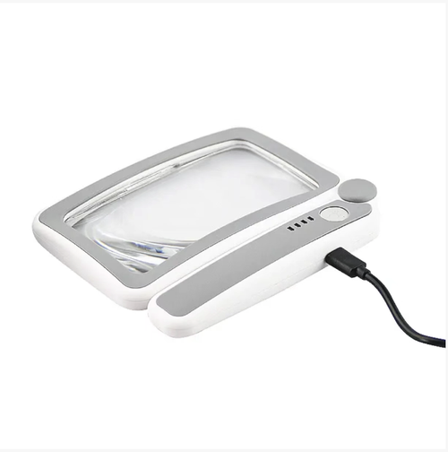 Square handheld LED magnifying glass, with high-definition lens providing wide field of vision, 10 LED lights with three adjustable soft lighting modes. USB charging with battery level display. Foldable handle for portability. Touch control switch for easy operation. It is a practical tool for the elderly for reading and detailed work. It is suitable for both night reading and detailed tasks. Reading and observation become more effortless.
