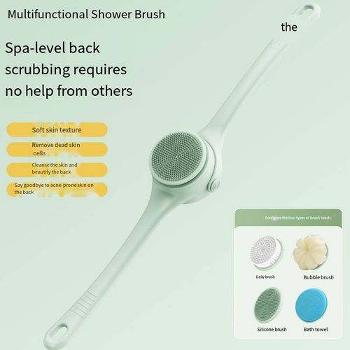 Multi-brush all-scenario compatible electric shower brush: 180° rotating long handle covering the back, joints, dead area. Electric deep cleaning system. 5 functions of brush heads (daily cleaning, gentle facial cleansing, soothing massage, exfoliation management, deep skin cleansing). Oil removal and dust removal. Relieves body fatigue. An efficient home tool that covers all aspects of bathing, cleaning and care for the entire body in one package.