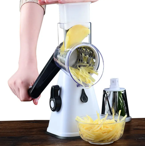 The three-in-one drum-type vegetable cutter comes with three knife heads for peeling, slicing and grinding. It can be used for three purposes with one device. The manual operation is effortless and safe. The stainless steel knife heads are durable and hygienic. It is an efficient tool for preparing dishes and making light meals in the kitchen.