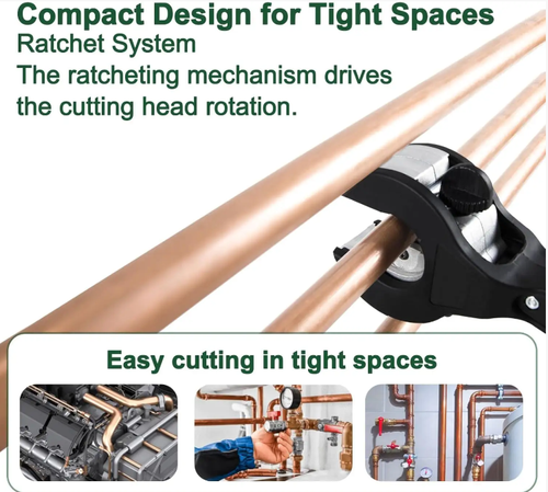 Ratchet pipe cutter: Alloy forged, equipped with reinforced alloy steel blade, adjustable range from 8mm to 29mm, telescopic blade head + ratchet operation, capable of easily cutting various pipes such as copper, brass, and aluminum, it is an efficient and precise tool for pipe operations.