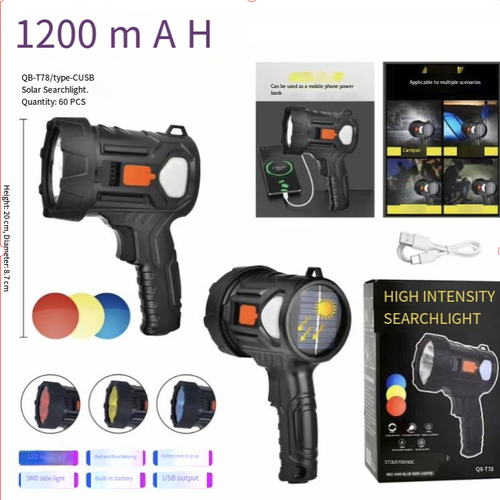 LED high-intensity handheld spotlight, with a large focused cup for long-distance bright projection, multiple lighting adjustment settings. Comes with built-in solar power supply, supports USB reverse charging for mobile phones, has a non-slip, shock-resistant and waterproof body. Suitable for outdoor patrol, fishing, household use and emergency situations. Long battery life to meet all-day lighting needs.