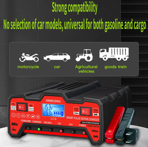 Universal Type Car battery charger, intelligent pulse repair , 12V,24V automatic recognition. Compatible with gasoline,diesel vehicles, motorcycles, agricultural machinery, etc. Multiple protection measures for greater safety. It is an all-in-one and worry-free tool for battery charging and repair.